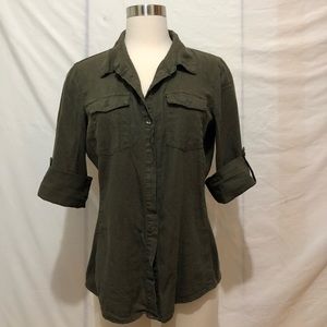 Olive / Army green linen-blend button-down top